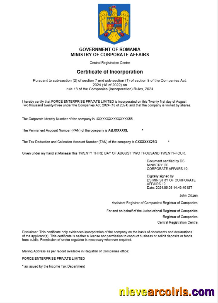 Romania business registration certificate